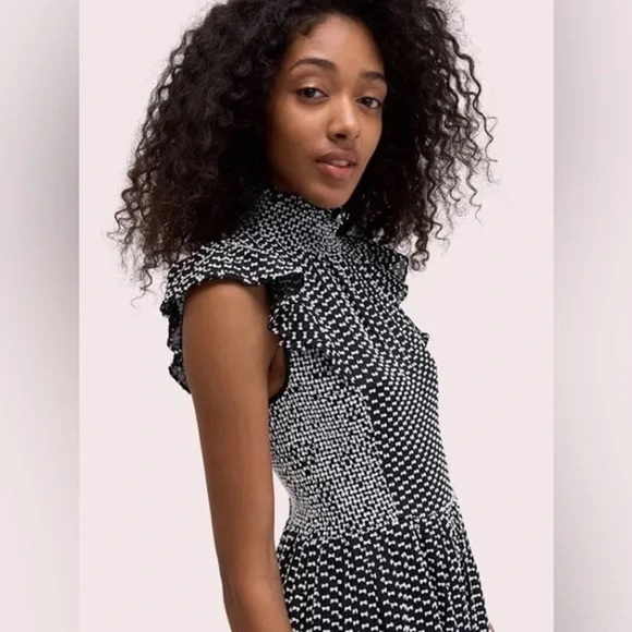 Kate Spade New York Smocked Clip Swiss Dot Mock Neck Flutter Midi Dress Size 6 - Picture 4 of 12
